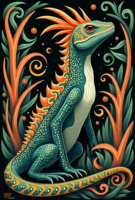 Create an image of a basilisk lizard in Maori art 