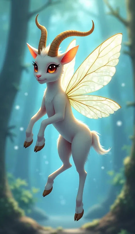 Create a mix of goat and Libelle in anime style in very glowing and with a cool background 