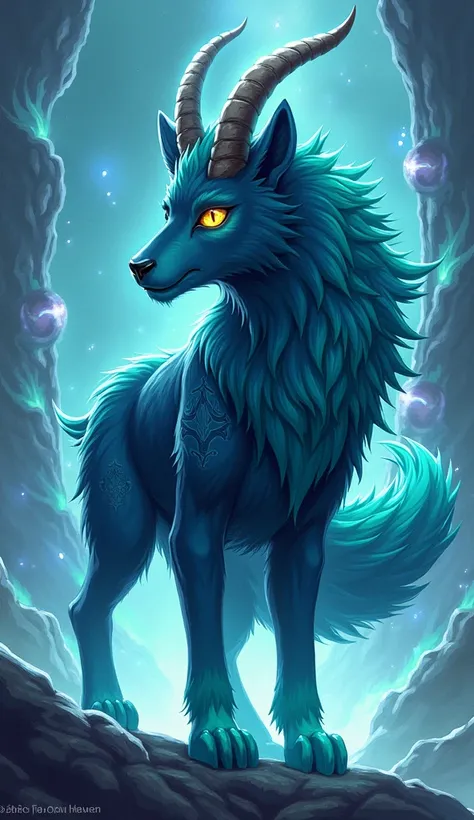 Create a mix of goat and wolf in anime style in very glowing and with a cool background 