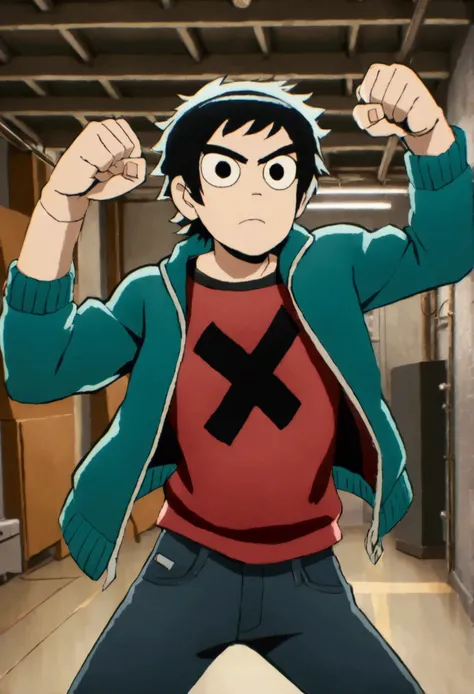 Light skinned boy, Wide black t-shirt with a giant red X in the middle that reaches the shoulders , dark jeans, And an apathetic and neutral look , As he looks forward in a fighting pose with his fist up doing an Uppercut... With Hollie Hawks, wearing ...