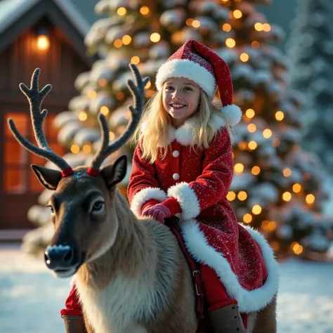 A charming little blonde teenager Santa girl riding a friendly reindeer, adorned with a sparkling red hat and a white fur-trimmed clothes, beams with happyness in front of a majestic Christmas tree. The tree, adorned with twinkling lights and ornaments, st...