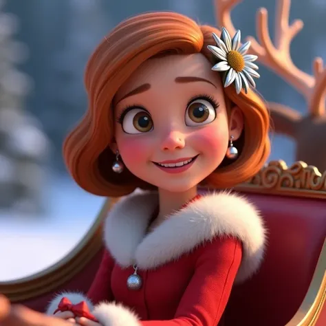 Disney Pixar-style 3D cinematic representation of a woman with short, silky orange-brown hair and side bangs, silver sunflower and earrings. She is dressed in Christmas clothes. she is happy. She is sitting in a sleigh with reindeer. The 3D title “Bom Dia”...