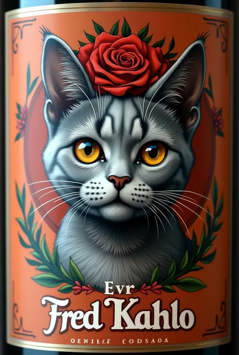 Wine labeled with “Fred Kahlo” with gray British cat with connected eyebrows, frida kahlo style
