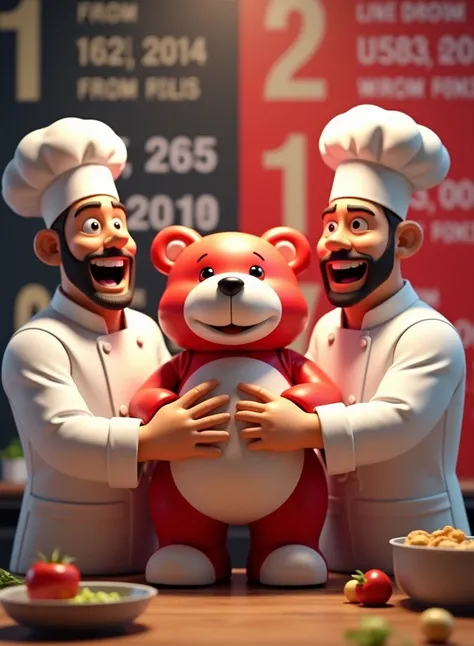 Chefs showing who won with the statistics and recognize him a red and white teddy bear trophy and publish the winners on the walls
