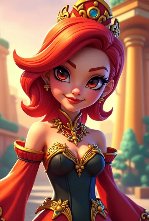 A red-haired character with freckles elegant outfit in the style of BRAWL STARS 