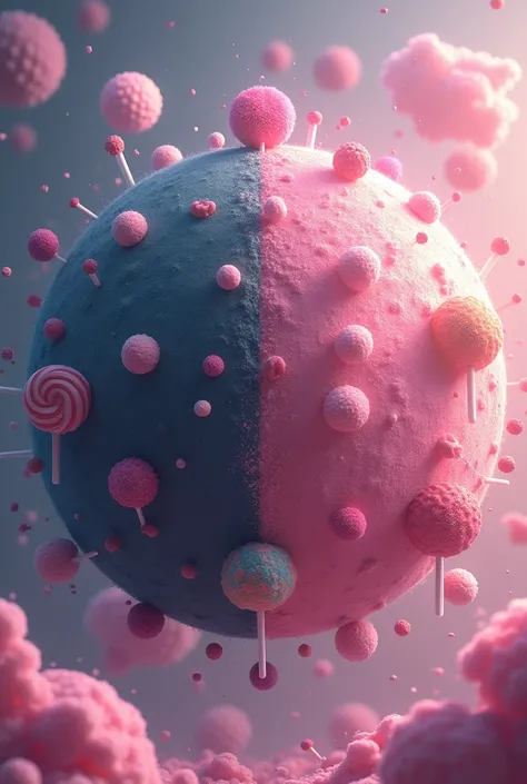 A planet where half is dark , with a light dark background and the other half is the pink planet with candies around the planet and light pink background