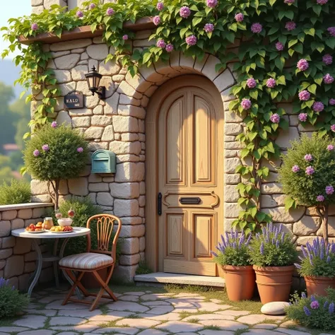 A vintage French wooden door with a large flowering vine and ivy growing over it and they are rooted in the ground, surrounded by an irregular stony facade and other French Provence country side greenery, creating a charming and picturesque scene in France...