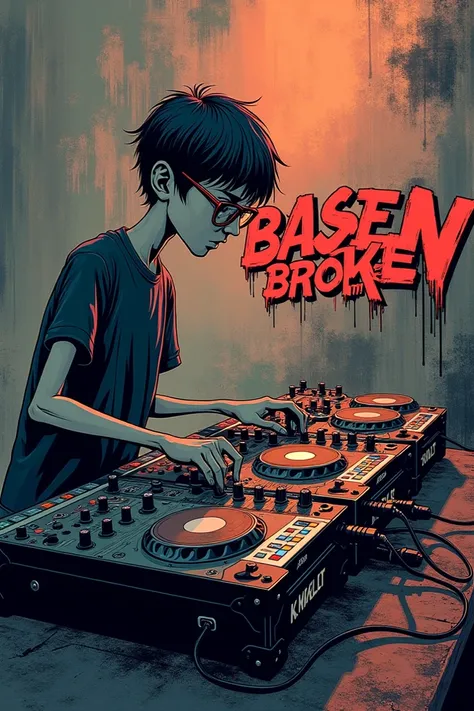 Generate a graffiti mode logo that plays BASSBROKEN with a thin person with glasses playing on a large mixing table