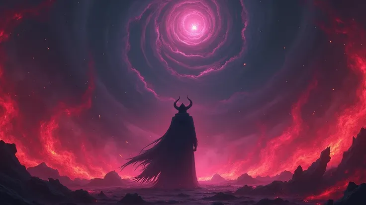 A terrifying background of absolute power with a demonic appearance, with a shadow in the center, red and purple energy from the ground, anime aesthetics