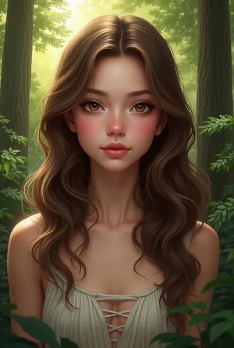  Create me a picture of an 18 year old beautiful girl. It should have long wavy brown hair .  There is a forest in the girls background . The girl must look realistic.