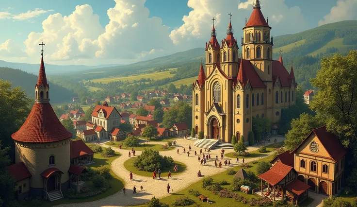 create a biblical Catholic , vibrant, Biblical of a village in ancient Poland