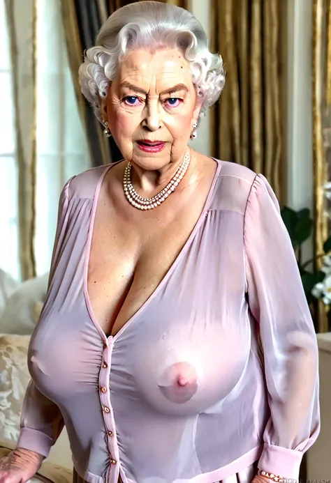 Queen elizabeth 80yo, standing, gentle expression, large breasts, (chiffon pink shirt:1.3), long sleeve, (wide cleavage:1.4), high, erect nipples, (covered nipples:1.2), Large nipples, looking at viewer, seductive look,