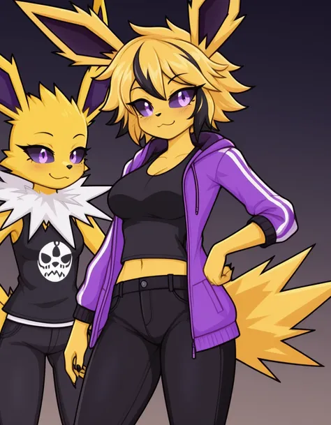 Jolteon anthropomorphic girl, , yellow hair with black highlights, clothing, black top, purple jacket and black pants.