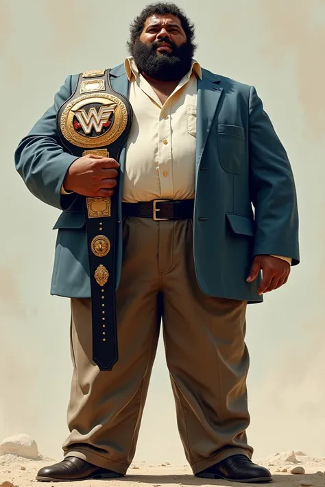 Andre the giant, Wearing blue dress jacket and brown pants holding the WWF World Championship 