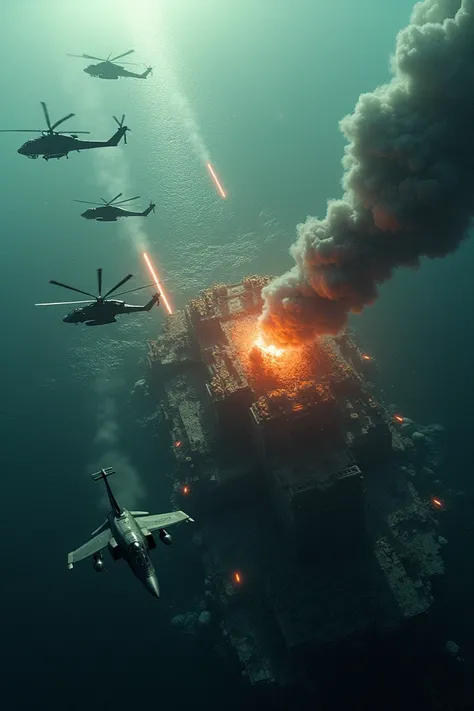 Aircraft attack on an underwater base and cause total destruction