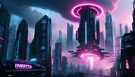 create a dystopian cyberpunk cityscape with a dark and moody atmosphere. in the foreground, depict a massive, hovering futuristi...