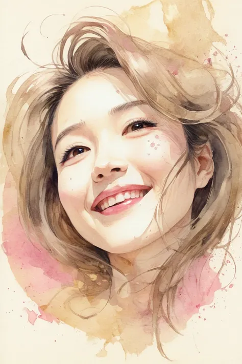  Watercolor、 old paper texture、Damaged Paper、Old style、Faded colors、composition、Golden Ratio、Functional、grace、 Details 、background、Soft colors、 Blurry Lines
pink color,  angle from below, round face, Dark Eyes,  fine lines of laughter ,  elegant ,  plump l...