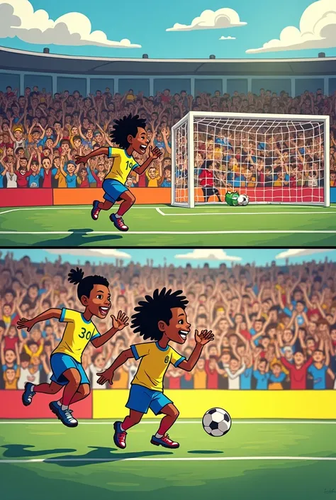 A cartoon with two comics: the first square and Vinicius Jr scoring a goal and in the second square the Valencia FC crowd screaming 