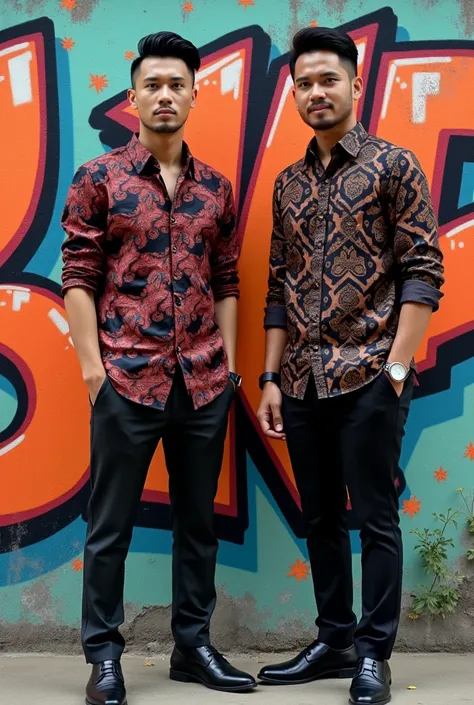 Fast.
text BENS graffiti font, next to him stood an Indonesia man, cool, black hair, wearing a black and red batik shirt with an intricate and luxurious design, wearing casual black trousers and black leather shoes, and a watch, neat formal attire. Beautif...