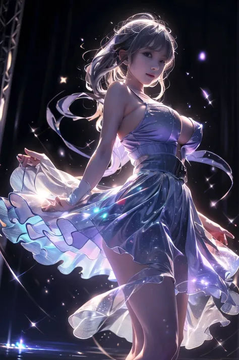 A sky full of stars,Dancing on the lake １People Girl, ((  very big breasts:1.3))), Long Hair , Grey Hair ,  Fluttering in the wind髪,   very cute   ,  slim , Petite and small ,    ,  (  goes well with light blue light purple rainbow),Fluttering in the wind ...