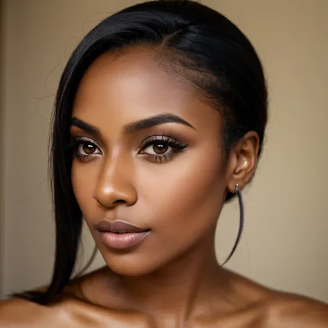 
a forward facing close up of a woman with a black hair and makeup, brown skin. light makeup, with brown skin, dark brown skin, natural contour aesthetics!!, brown skin, dark skin, sexy face with full makeup, dark skin tone, detailed flawless face, dark na...