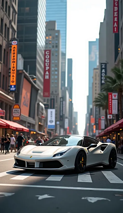 A white Ferrari car in the city centre 