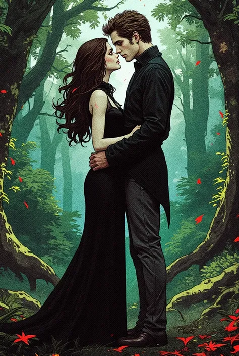 Bella Swan, vampire girl, with long hair in black gothic dress, red eyes, sad, next to the guy Edward Cullen vampire, romantic setting, couple, love, against the background of the forest