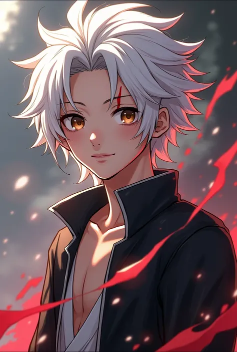 A young man resembling Natsu Dragneel from Fairy Tail, but with white hair, brown eyes, a red mark on his left eye, and a red streak on the right side of his hair