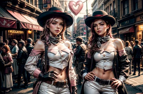 pink and brown hair, multicolored hair, neopolitanatlas, bowler hat, grey scarf, white gloves, white shirt, off-shoulder shirt, black sleeves, midriff, white belt, white pants, outdoors, standing next to police officer in Manhattan street , crowd, night, s...