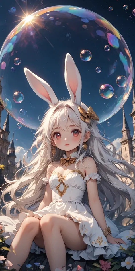 solo,1girl((chibi:1.3),cute,kawaii,(white hair:1.7),(very long hair:1.7),bangs,(ear(fluffy white bunny-ear):1.4),(red eye),big eye,beautiful shiny eye,(((skin color white))),big hairbow,(white dress:1.3), (sit on (bubble:1.3)(huge,gigantic,beautiful,shinin...