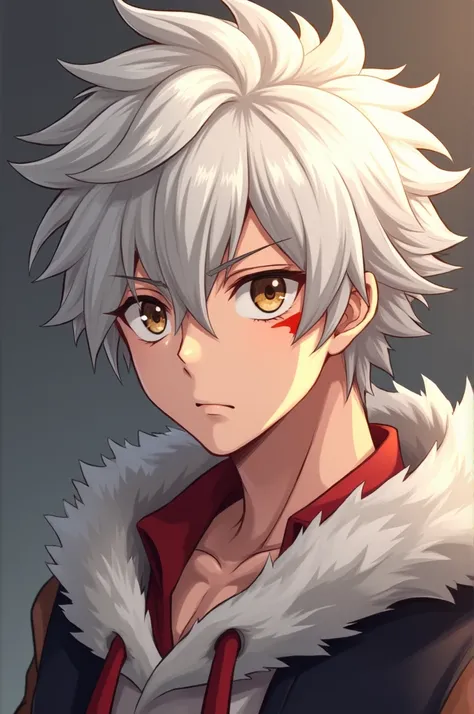 A young man resembling Natsu Dragneel from Fairy Tail but with white hair, brown eyes, and a red mark on his left eye
