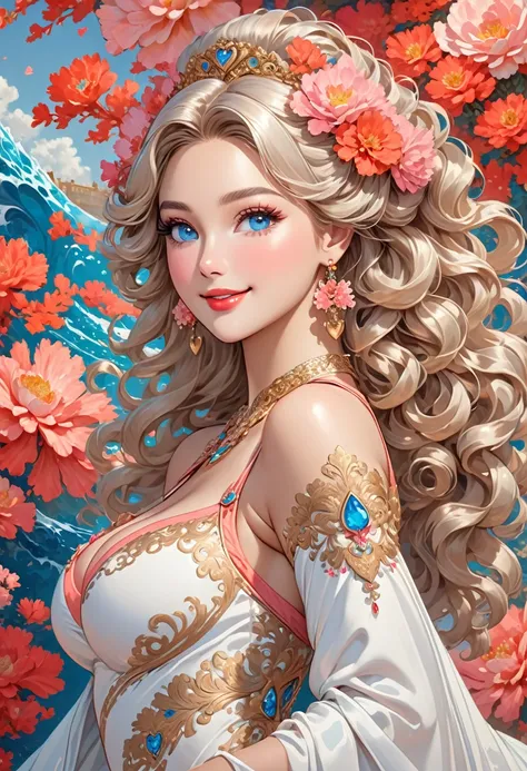 This is a highly detailed digital illustration in a fantasy style. The central figure is a fitness woman with a curvaceous physique and ample breasts, standing confidently in a regal pose. She has long and voluminous curly, dark silver-gold hair cascading ...