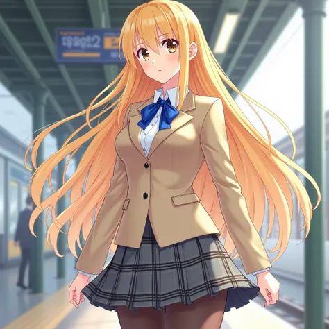  girl、 College Student 、Blonde、Beautiful Hair、uniform、 beige blazer to mop、Blue ribbon on chest、 Big Breasts 、tights、grey patterned plaid skirt、station、 illustration style 