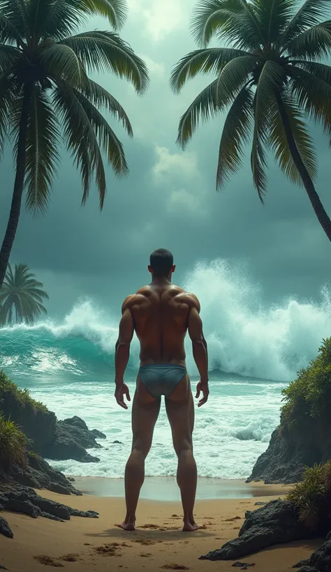 a man standing on beach, nude, exposed back, exposed butt, coconut trees, raging wave, dark cloud, full body view, hyper realistic, 8k, award winning, highly detailed, cinematic lighting, dramatic atmosphere, photorealistic, digital art, concept art, maste...