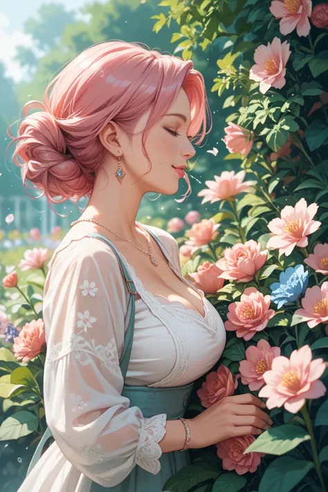 tender silky pink haired milf woman watering flowers anime