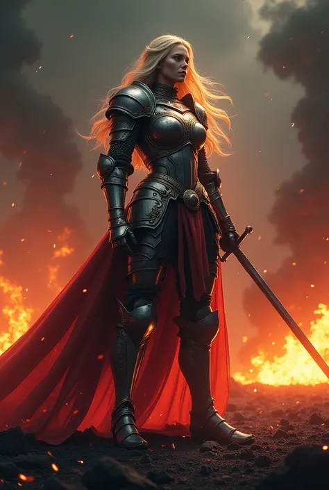 full body, panoramic image, woman dressed in knights armor, long, blond, muscular, spattered with blood, on a flaming night battlefield red yellow black dominant colors