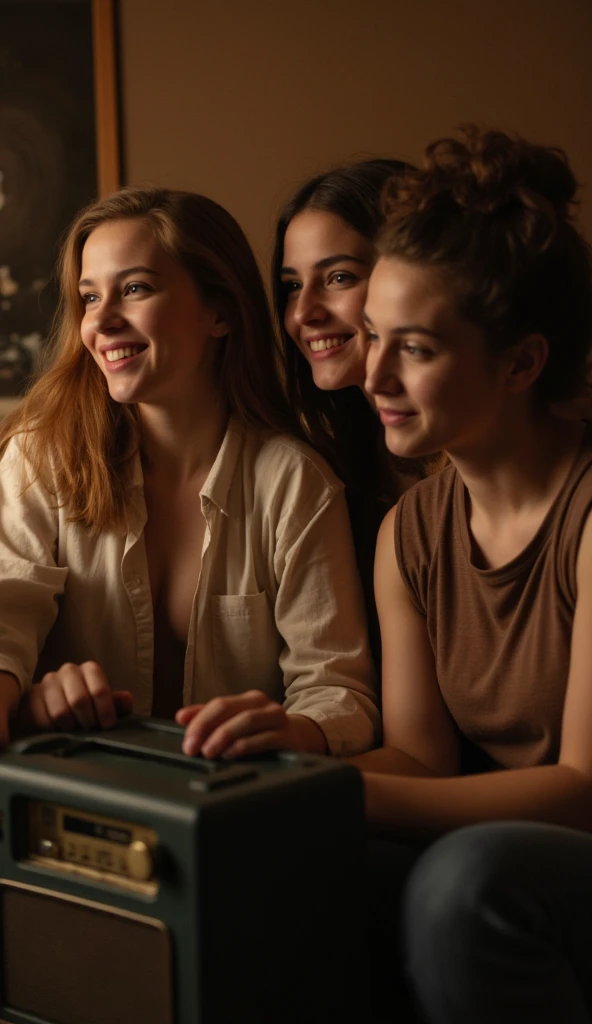  dynamic motion :  Friends gathered in a cozy room ,  listening to music on an old radio . Camera movement: Slow panning over faces ,  capturing smiles and the glow of radio light .  Additional Details : warm and diffuse lighting;  nostalgic ambience with ...