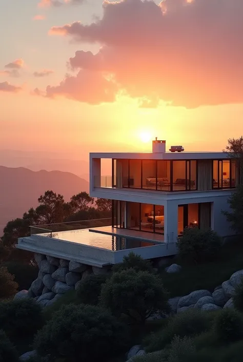 a luxurious and modern house in front of the sunset