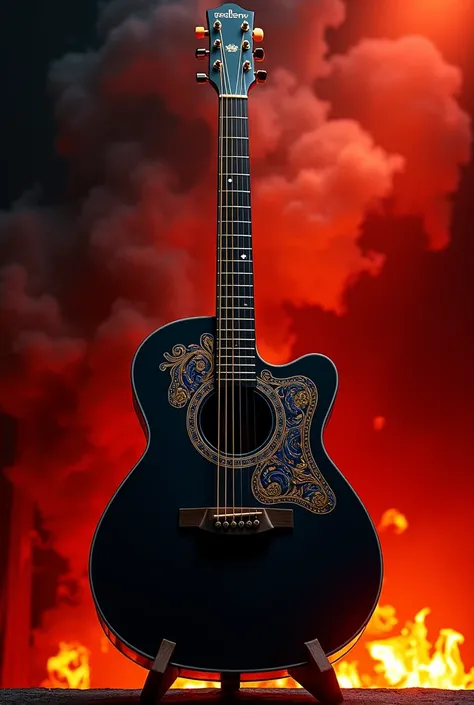 "A cinematic illustration of a black acoustic guitar with intricate gold and dark blue accents. The guitar is placed on a wooden stand. The background features a fiery texture blending seamlessly with a red-to-black gradient, combined with a subtly integra...