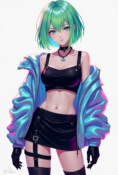 a beautiful girl dressed in green and purple, 1girl, solo, black leather gloves, light neon green short hair, bangs split into three parts, multicolored holographic jacket, multicolored holographic short skirt, black strap t-shirt, black choker, white skin...