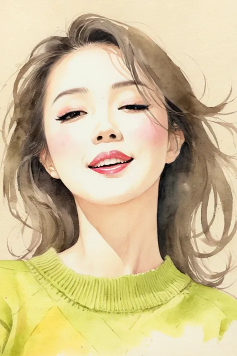 Watercolor、 old paper texture、Damaged Paper、Old style、Faded colors、composition、Golden Ratio、Functional、grace、 Details 、background、Soft colors、 Blurry Lines Angle from Below , round face, Dark Eyes,  fine lines of laughter ,  elegant ,  plump lips , Elegant...