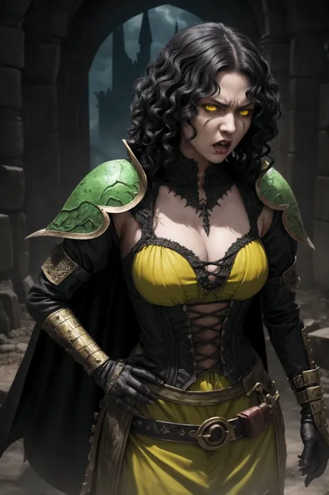 Fierce fighter. Female. D&D. Medium, curly black hair. Yellow eyes. Green clothes. Bloody. Angry. Fantasy. Gothic. 