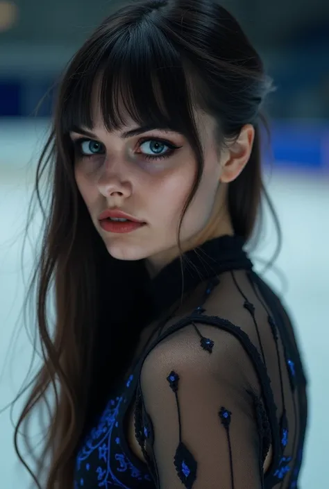  girl, long dark hair, long bangs, vivid blue eyes, makeup, long eyelashes, figure skater, woman with acting skills, alone, Capture the final pose at the end of the performance。, That person is clear, Super detailed, cinematic lighting, Depth of written bo...