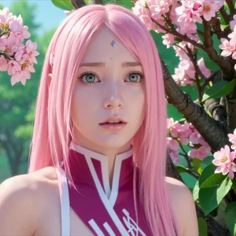 young woman pale skin, long bubblegum pink hair, pink eyebrows, big jade green eyes, buttoned nose, peach lips, small breasts, wide forehead, flower and butterfly kimono, Sakura Haruno, realistic, 3d