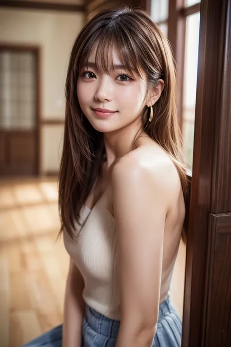 Full body portrait、Beauty、Well-formed face、20-year-old、Uniform eyes、Small face、, light brown hair, hair over shoulder, parted bangs, straight hair, expressive hair, shiny hair, earrings, seductive smile, Completely naked、Medium build、Small Bust, Surrealism...