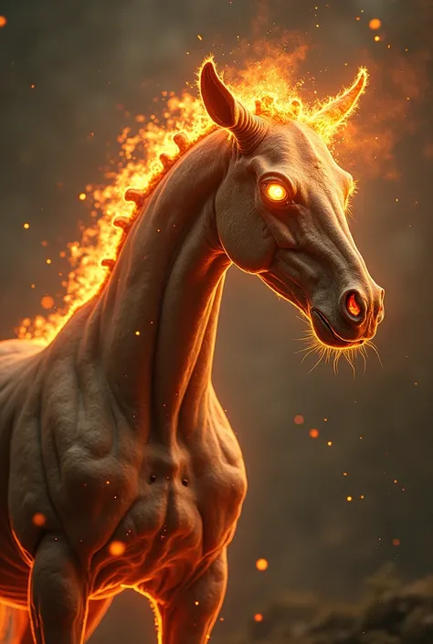 posted on snapchat, wildlife, A normal horse body with a head made of flaming bones, highly detailed, macabre art, intricate, sharp focus, fantasy, dark fantasy, dynamic lighting, dramatic, eerie, occult, anatomical, surreal, nightmarish, old parchment bac...