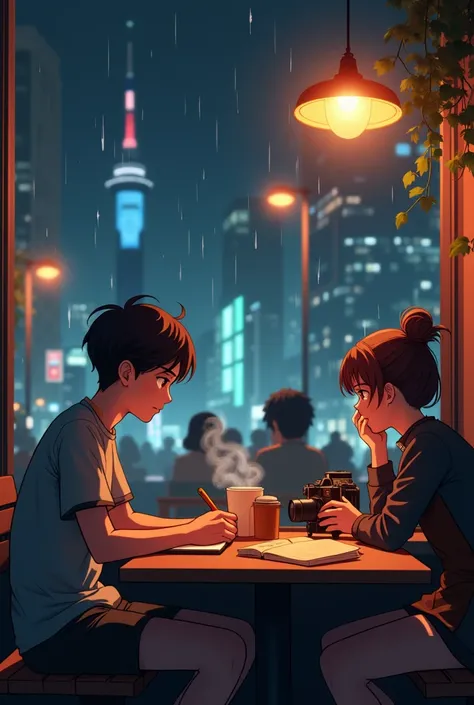 " A cozy coffee shop at night ,  designed in the anime style ,  with warm lights that illuminate the environment .  Next to a large window ,  a dark-haired young man ,  Usando fones de ouvido ,  is seated at a table , focused on his notebook,  while a coff...