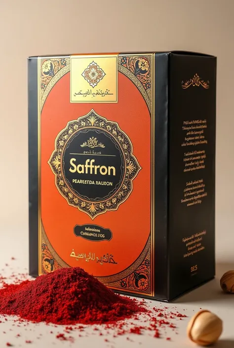 Here is a luxury packaging design for Iranian saffron and pistachios featuring traditional Persian motifs and patterns. The design uses elegant colors and intricate details to convey a sense of heritage and premium quality. It blends modern elements with t...