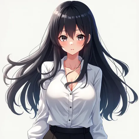 A girl,  long hair ,  black hair , grey eyes,  anime style, White shirt and black pants,  looking at the viewer , linda, breasts, 