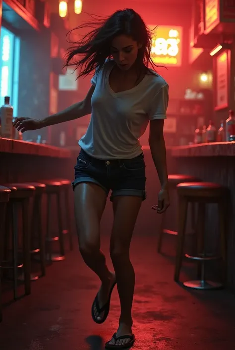 Woman with passionate eyes and mouth closed in flip flops, shorts and t-shirt dances alone in a bar, threatening herself while enjoying some strength 